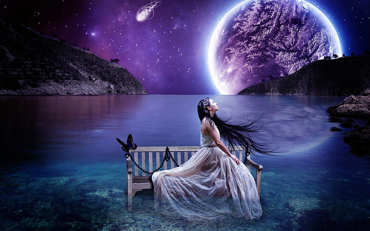 HD wallpaper: Cool Fantasy Girl Wallpaper 8468, water, night, moon, beauty in nature