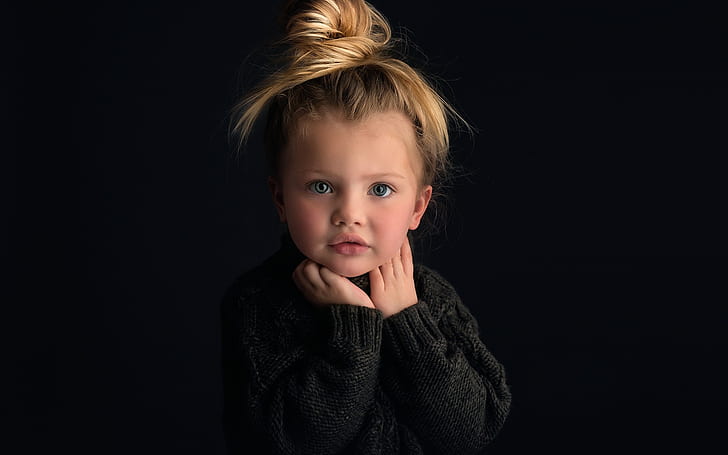 HD wallpaper: Cute baby girl, portrait, blonde, black background, girl’s black knit sweater