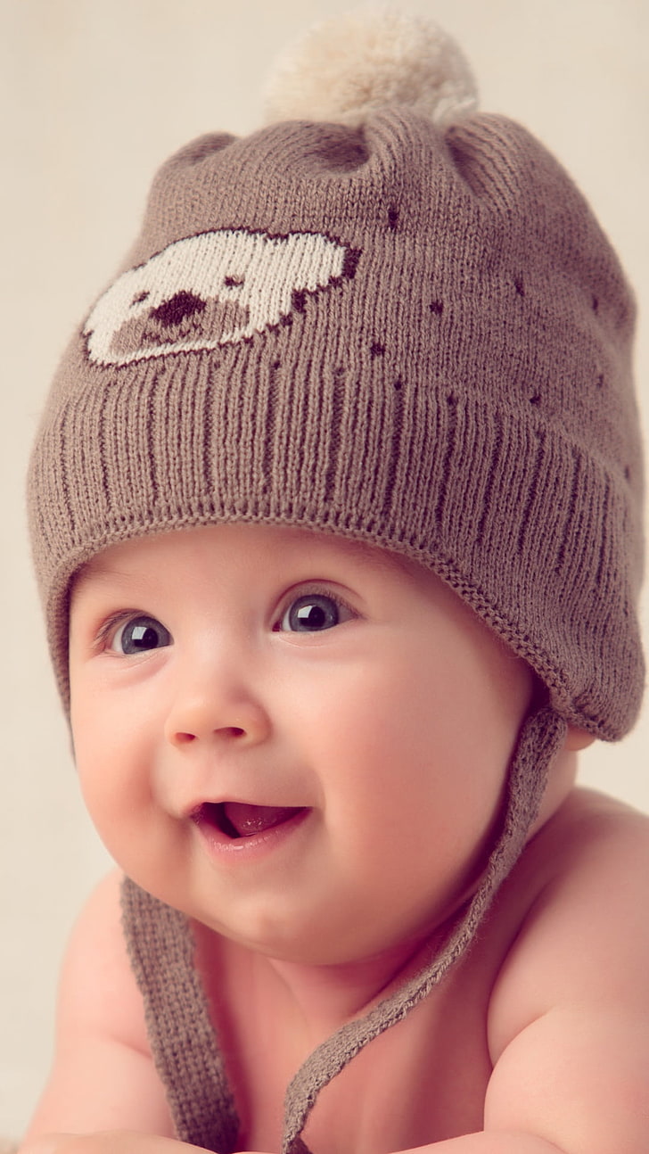 HD wallpaper: Newborn Kid Sweet Face, gray and beige knitted cap, Baby, cute