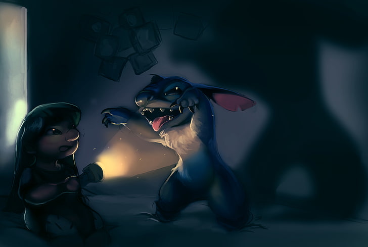 HD wallpaper: Stitch illustration, night, room, dark, girl, lantern, alien
