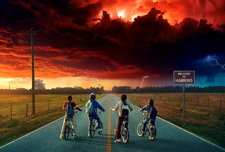 HD wallpaper: Stranger Things, Netflix, clouds, bicycle, children, tv series