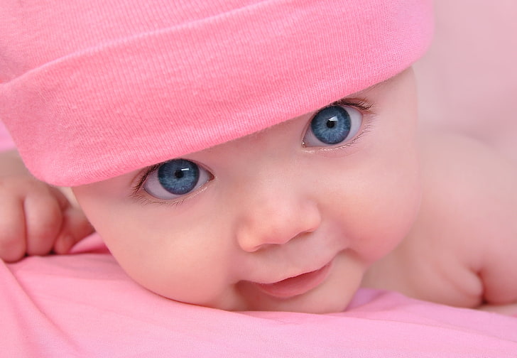 HD wallpaper: baby’s pink cap, blue eyes, face, cute, hat, child, small, innocence