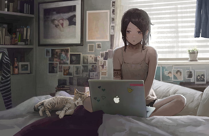 HD wallpaper: black haired girl anime character illustration, brown haired femal anime character facing on gray