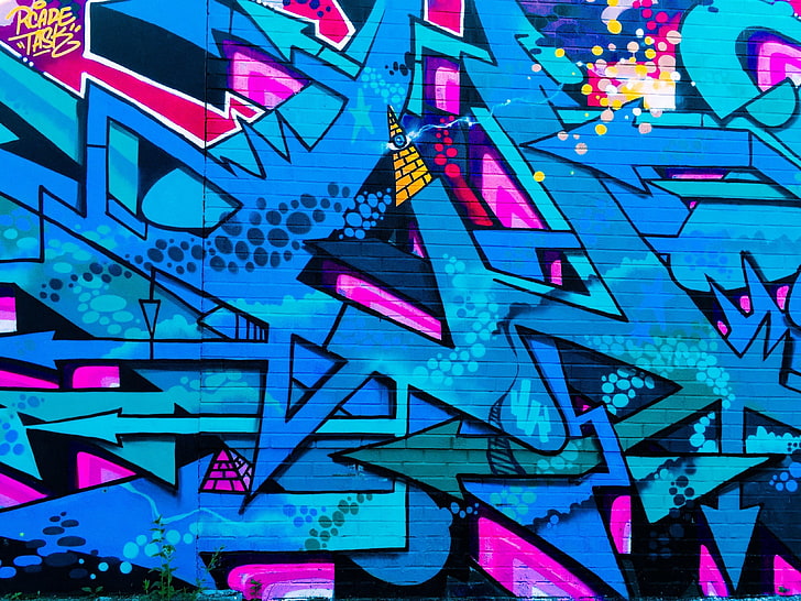 HD wallpaper: blue, pink, and black graffiti digital wallpaper, street art