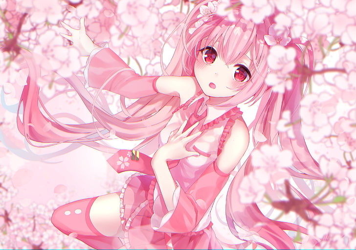HD wallpaper: hatsune miku, pink hair, sakura blossom, twintails, vocaloid