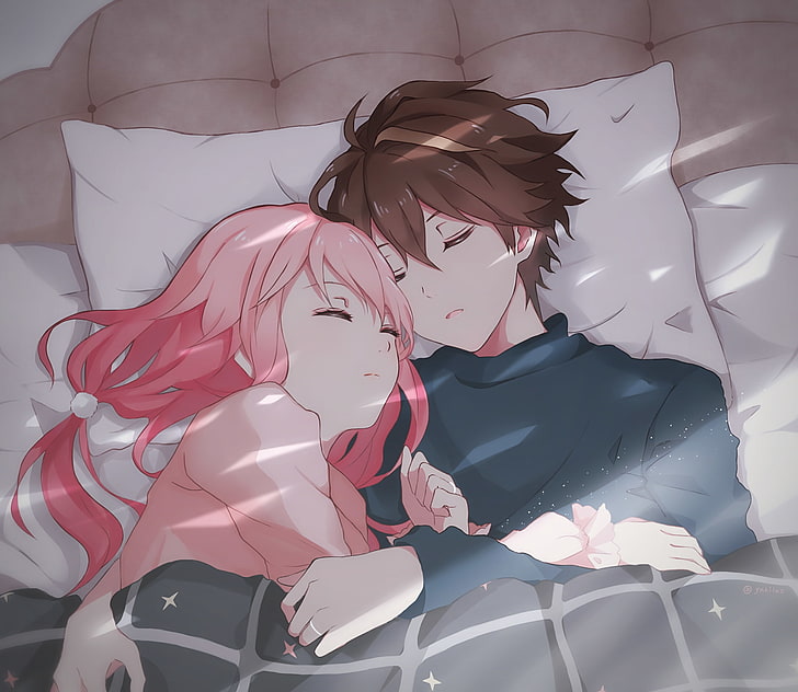 HD wallpaper: ouma shu, yuzuriha inori, sleeping, couple, cuilty crown, pink hair