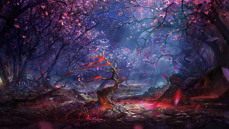 HD wallpaper: pink and brown trees digital wallpaper, artwork, fantasy art