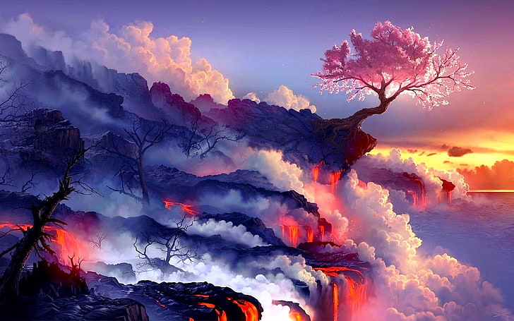 HD wallpaper: pink sakura tree wallpaper, sunset, fantasy art, lava, trees