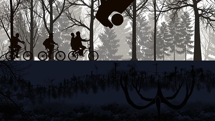 HD wallpaper: silhouette of four people riding bikes digital wallpaper, Stranger Things